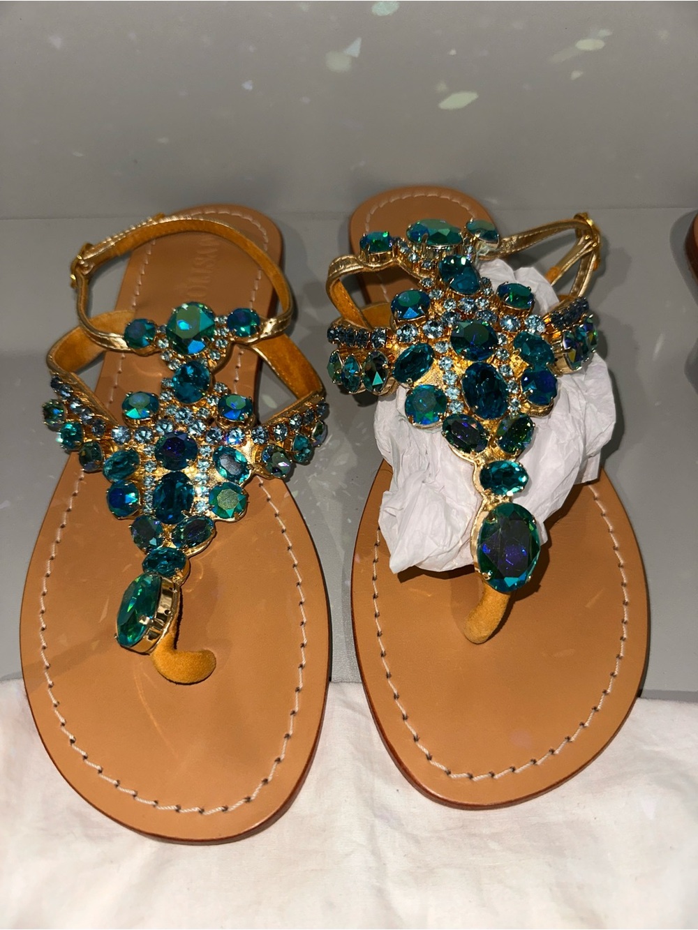Mystique Boutique Gold Sandals with Teal Gem Embellishments - Picture 3 of 3